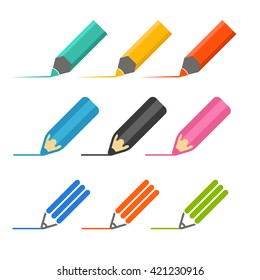 Color crayons and markers icons vector set