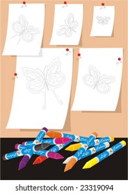 Color crayons and paper sheets with outlined butterflies for coloring. No gradient fills. Easy to customize and change colors.