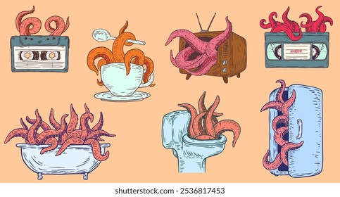 Color creative art composition with tentacles giant octopus or fantasy kraken for tattoo, print in hand draw vintage style. Collection fashion vector illustration.