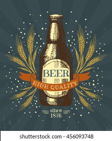 Color creative hand drawn poster with bottle of beer and wheat in retro style on dark textured background. Vector illustration.