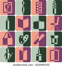 color creativity icon set. art materials and tools with shadow half