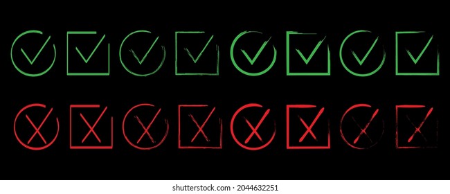 Color cross mark icon set. Black background. Red and green signs. Circle, square frames. Vector illustration. Stock image.