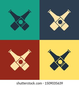 Color Crossed beer bottle icon isolated on color background. Vintage style drawing. Vector Illustration