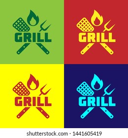 Color Crossed fork and spatula icon isolated on color backgrounds. Fire flame sign. BBQ fork and spatula sign. Barbecue and grill tools. Vector Illustration