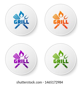 Color Crossed fork and spatula icon isolated on white background. Fire flame sign. BBQ fork and spatula sign. Barbecue and grill tools. Set icons in circle buttons. Vector Illustration