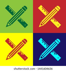 Color Crossed ruler and pencil icon isolated on color background. Straightedge symbol. Drawing and educational tools.  Vector Illustration