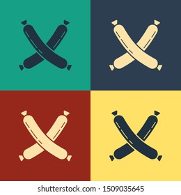 Color Crossed sausage icon isolated on color background. Grilled sausage and aroma sign. Vintage style drawing. Vector Illustration