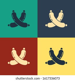 Color Crossed sausage icon isolated on color background. Grilled sausage and aroma sign. Vintage style drawing. Vector Illustration