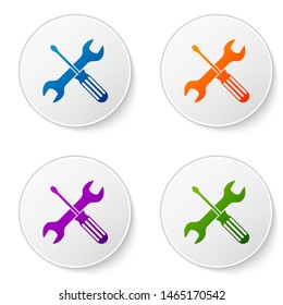 Color Crossed screwdriver and wrench tools icon isolated on white background. Service tool symbol. Set icons in circle buttons. Vector Illustration