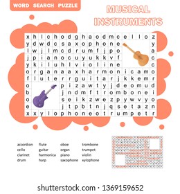 Color crossword - search words game, education game for children about music instruments