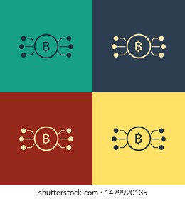 Color Cryptocurrency bitcoin in circle with microchip circuit icon isolated on color background. Blockchain technology, digital money market. Vintage style drawing. Vector Illustration