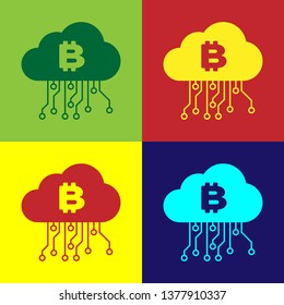 Color Cryptocurrency cloud mining icon isolated on color backgrounds. Blockchain technology, bitcoin, digital money market, cryptocoin wallet. Vector Illustration