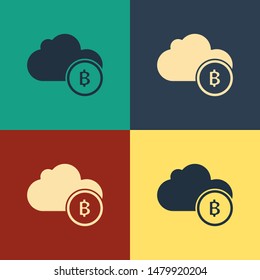 Color Cryptocurrency cloud mining icon isolated on color background. Blockchain technology, bitcoin, digital money market, cryptocoin wallet. Vintage style drawing. Vector Illustration
