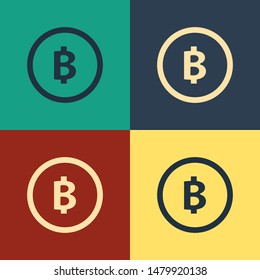 Color Cryptocurrency coin Bitcoin icon isolated on color background. Physical bit coin. Blockchain based secure crypto currency. Vintage style drawing. Vector Illustration