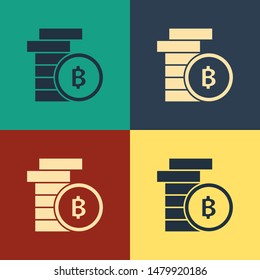 Color Cryptocurrency coin Bitcoin icon isolated on color background. Physical bit coin. Blockchain based secure crypto currency. Vintage style drawing. Vector Illustration