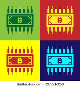 Color Cryptocurrency concept bitcoin in circle with microchip circuit icon isolated on color backgrounds. Blockchain technology, digital money market. Vector Illustration