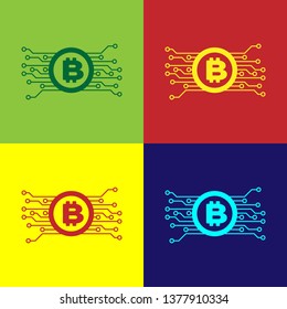 Color Cryptocurrency concept bitcoin in circle with microchip circuit icon isolated on color backgrounds. Blockchain technology, digital money market. Vector Illustration