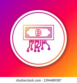 Color Cryptocurrency concept bitcoin in circle with microchip circuit line icon isolated on color background. Blockchain technology, digital money market. Circle white button. Vector Illustration