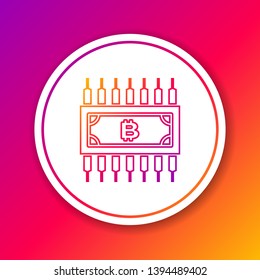 Color Cryptocurrency concept bitcoin in circle with microchip circuit line icon isolated on color background. Blockchain technology, digital money market. Circle white button. Vector Illustration