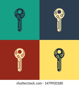 Color Cryptocurrency key icon isolated on color background. Concept of cyber security or private key, digital key with technology interface. Vintage style drawing. Vector Illustration