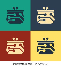 Color Cryptocurrency wallet icon isolated on color background. Wallet and bitcoin sign. Mining concept. Money, payment, cash, pay icon. Vintage style drawing. Vector Illustration
