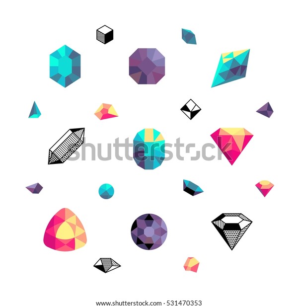 カラー結晶 ひし形 多角形の石のベクター画像セット 水晶石と宝石の貴重なイラスト のベクター画像素材 ロイヤリティフリー