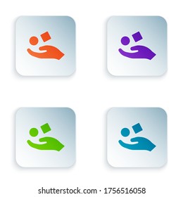Color Cube levitating above hand icon isolated on white background. Levitation symbol. Set colorful icons in square buttons. Vector Illustration