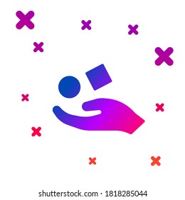 Color Cube levitating above hand icon isolated on white background. Levitation symbol. Gradient random dynamic shapes. Vector Illustration