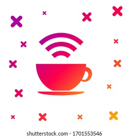 Color Cup of coffee shop with free wifi zone icon isolated on white background. Internet connection placard. Gradient random dynamic shapes. Vector Illustration