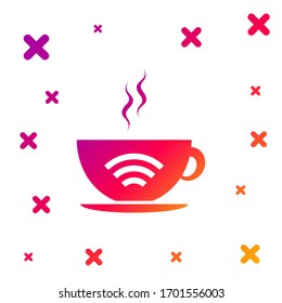 Color Cup of coffee shop with free wifi zone icon isolated on white background. Internet connection placard. Gradient random dynamic shapes. Vector Illustration
