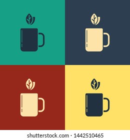 Color Cup of tea and leaf icon isolated on color background. Vintage style drawing. Vector Illustration