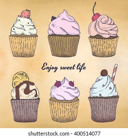 Color cupcakes set on watercolor background