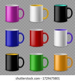 Color cups. Ceramic colorful cup template for different drinks, branding identity design. Pottery mugs vector realistic mockups