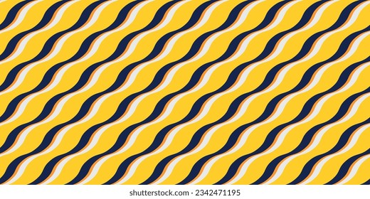 Color curly seamless ribbons. Vector pattern of repeating colored stripes, slightly wavy. Bright yellow background of diagonal stripes.