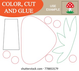Color, cut and glue to create the image of mushroom (fly agaric). Educational game for children. Vector illustration.