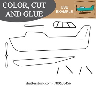 Color, cut and glue to create the image of seaplane (hydroplane), (air transport). Game for children.