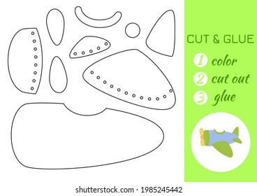 Color, cut and glue paper blue airplane. Cut and paste craft activity page. Educational game for preschool children. DIY worksheet. Kids logic game, activities jigsaw. Vector stock illustration.