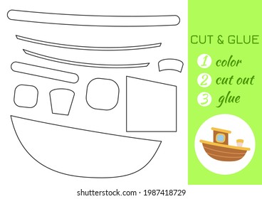 Color, cut and glue paper brown ship. Cut and paste craft activity page. Educational game for preschool children. DIY worksheet. Kids logic game, activities jigsaw. Vector stock illustration.