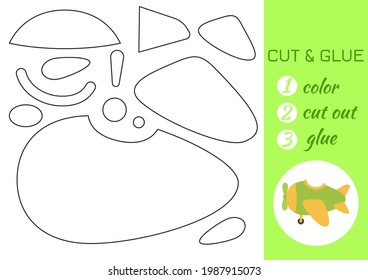 Color, cut and glue paper green airplane. Cut and paste craft activity page. Educational game for preschool children. DIY worksheet. Kids logic game, activities jigsaw. Vector stock illustration.