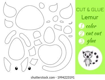 Color, cut and glue paper little lemur. Cut and paste crafts activity page. Educational game for preschool children. DIY worksheet. Kids logic game, puzzle. Vector stock illustration.