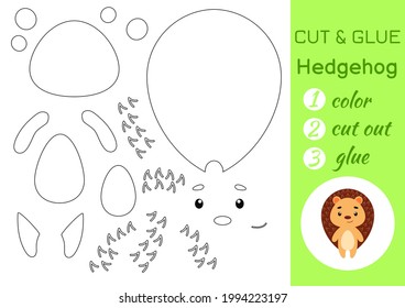 Color, cut and glue paper little hedgehog. Cut and paste crafts activity page. Educational game for preschool children. DIY worksheet. Kids logic game, puzzle. Vector stock illustration.