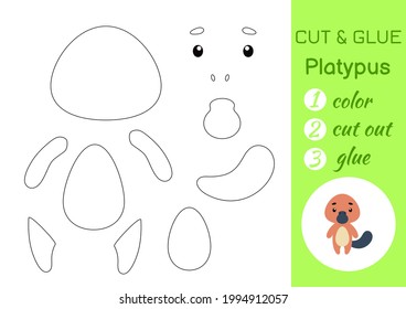Color, cut and glue paper little platypus. Cut and paste crafts activity page. Educational game for preschool children. DIY worksheet. Kids logic game, puzzle. Vector stock illustration.