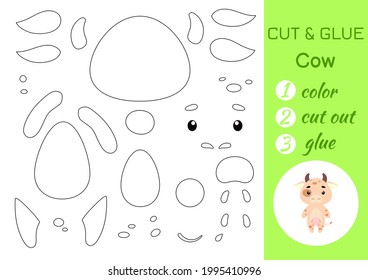 Color, cut and glue paper little cow. Cut and paste crafts activity page. Educational game for preschool children. DIY worksheet. Kids logic game, puzzle. Vector stock illustration.