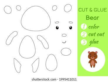 Color, cut and glue paper little bear. Cut and paste crafts activity page. Educational game for preschool children. DIY worksheet. Kids logic game, puzzle. Vector stock illustration.