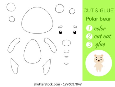 Color, cut and glue paper little polar bear. Cut and paste crafts activity page. Educational game for preschool children. DIY worksheet. Kids logic game, puzzle. Vector stock illustration.