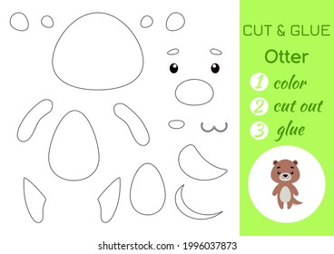 Color, cut and glue paper little otter. Cut and paste crafts activity page. Educational game for preschool children. DIY worksheet. Kids logic game, puzzle. Vector stock illustration.