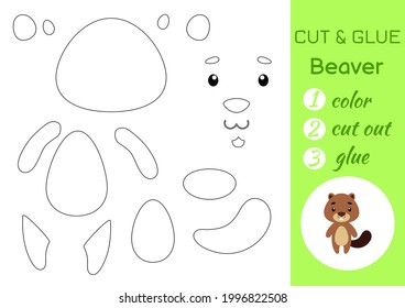 Color, cut and glue paper little beaver. Cut and paste crafts activity page. Educational game for preschool children. DIY worksheet. Kids logic game, puzzle. Vector stock illustration.