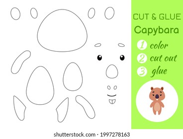 Color, cut and glue paper little capybara. Cut and paste crafts activity page. Educational game for preschool children. DIY worksheet. Kids logic game, puzzle. Vector stock illustration.