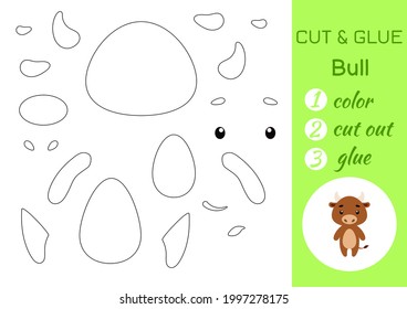 Color, cut and glue paper little bull. Cut and paste crafts activity page. Educational game for preschool children. DIY worksheet. Kids logic game, puzzle. Vector stock illustration.