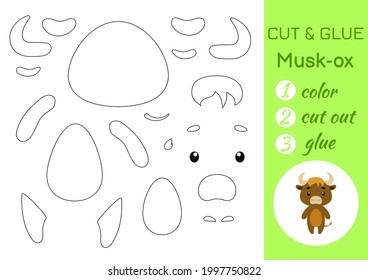 Color, cut and glue paper little musk-ox. Cut and paste crafts activity page. Educational game for preschool children. DIY worksheet. Kids logic game, puzzle. Vector stock illustration.